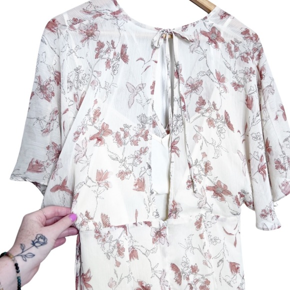 Lulus Women's Floral V-Neck Back Cut Out Neutral Flowy Sheer Ruffle Mini Dress - Picture 9 of 16